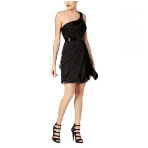 Adrianna Papell Flutter Chiffon Tiered Black One Shoulder Cocktail Dress